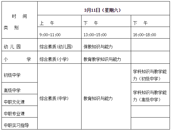 江西教師資格證筆試考試時間